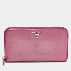 Prada Metallic Magenta Saffiano Metal Leather Zip Around Wallet