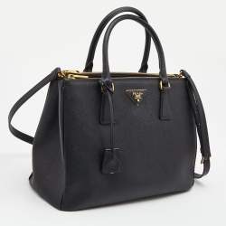 Pre Owned Prada Black Saffiano Leather Medium Galleria Double Zip Tote