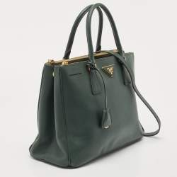 Pre Owned Prada Dark Green Saffiano Leather Medium Double Zip Tote