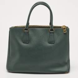 Pre Owned Prada Dark Green Saffiano Leather Medium Double Zip Tote