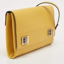 Pre Owned Prada Yellow Saffiano Leather Double Turn Lock Chain Shoulder Bag