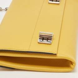 Pre Owned Prada Yellow Saffiano Leather Double Turn Lock Chain Shoulder Bag