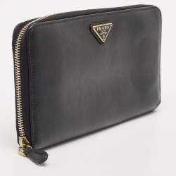 Prada Black Saffiano Leather Zip Around Clutch