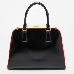 Pre Owned Prada Tri Color Saffiano Patent Leather Pyramid Frame Satchel