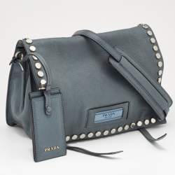 Pre Owned Prada Grey Leather Studded Etiquette Crossbody Bag