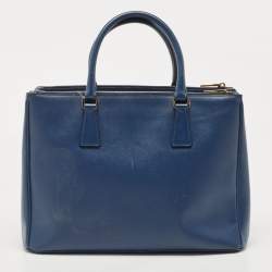 Pre Owned Prada Blue Saffiano Lux Leather Medium Double Zip Tote