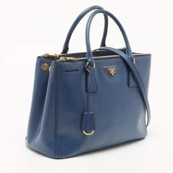 Pre Owned Prada Blue Saffiano Lux Leather Medium Double Zip Tote