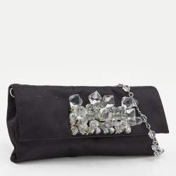 Pre Owned Prada Black Satin Crystal Embellished Chain Clutch