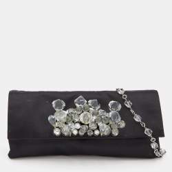 Pre Owned Prada Black Satin Crystal Embellished Chain Clutch