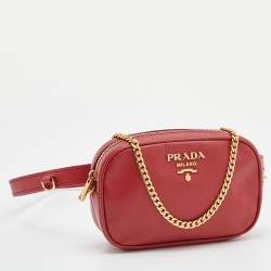 Pre Owned Prada Red Saffiano Lux Leather Convertible Chain Belt Bag