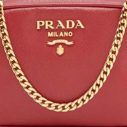 Pre Owned Prada Red Saffiano Lux Leather Convertible Chain Belt Bag