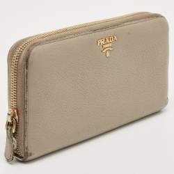 Prada Grey Leather Logo Zip Around Continental Wallet