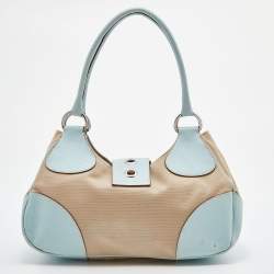 Pre Owned Prada Beige/Blue Canvas and Leather Shoulder Bag