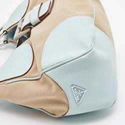 Pre Owned Prada Beige/Blue Canvas and Leather Shoulder Bag