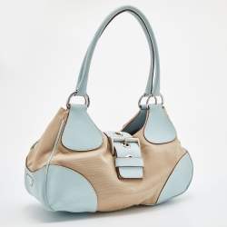 Pre Owned Prada Beige/Blue Canvas and Leather Shoulder Bag