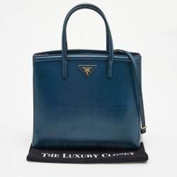 Pre Owned Prada Teal Blue Saffiano Vernice Leather Parabole Tote