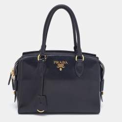 Pre Owned Prada Black Glazed Leather Zip Satchel