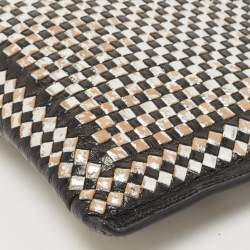 Pre Owned Prada Black/Silver Woven Madras Leather Zip Pouch