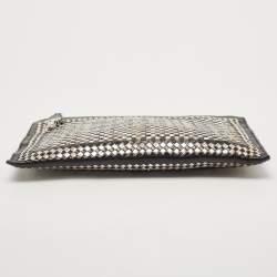 Pre Owned Prada Black/Silver Woven Madras Leather Zip Pouch