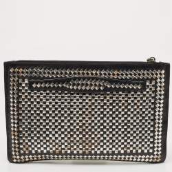 Pre Owned Prada Black/Silver Woven Madras Leather Zip Pouch