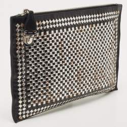 Pre Owned Prada Black/Silver Woven Madras Leather Zip Pouch