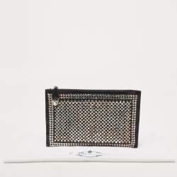 Pre Owned Prada Black/Silver Woven Madras Leather Zip Pouch