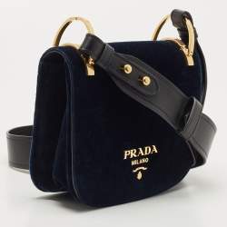 Pre Owned Prada Navy Blue/Black Velvet and Leather Pionniere Saddle Bag