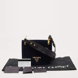 Pre Owned Prada Navy Blue/Black Velvet and Leather Pionniere Saddle Bag