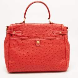 Pre Owned Prada Red Ostrich Pushlock Flap Top Handle Bag