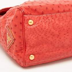 Pre Owned Prada Red Ostrich Pushlock Flap Top Handle Bag