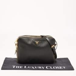 Prada Black Saffiano Lux Leather Double Zip Camera Crossbody Bag
