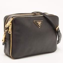 Prada Black Saffiano Lux Leather Double Zip Camera Crossbody Bag