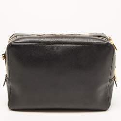 Prada Black Saffiano Lux Leather Double Zip Camera Crossbody Bag