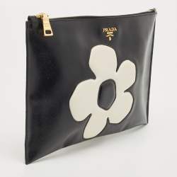 Pre Owned Prada Black/White Saffiano Vernice Flower Zip Pouch