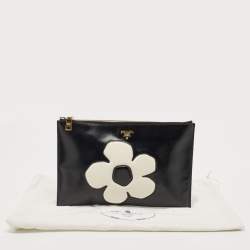 Pre Owned Prada Black/White Saffiano Vernice Flower Zip Pouch