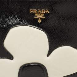 Pre Owned Prada Black/White Saffiano Vernice Flower Zip Pouch