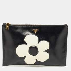Pre Owned Prada Black/White Saffiano Vernice Flower Zip Pouch