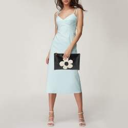 Pre Owned Prada Black/White Saffiano Vernice Flower Zip Pouch