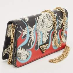 Prada Multicolor Printed Saffiano Leather Triangle Logo Flap Chain Clutch