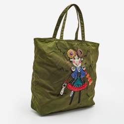 Pre Owned Prada Green Nylon Embroidered Robot 6 Tote