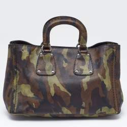 Pre Owned Prada Green Camouflage Leather Spazzolato Shopper Tote