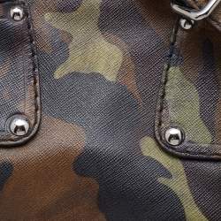 Pre Owned Prada Green Camouflage Leather Spazzolato Shopper Tote