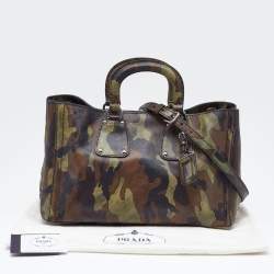 Pre Owned Prada Green Camouflage Leather Spazzolato Shopper Tote