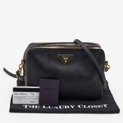 Pre Owned Prada Black Saffiano Lux Leather Double Zip Camera Crossbody Bag