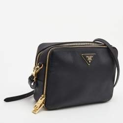 Pre Owned Prada Black Saffiano Lux Leather Double Zip Camera Crossbody Bag