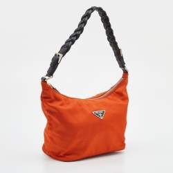 Pre Owned Prada Orange/Black Nylon and Leather Zip Baguette Bag