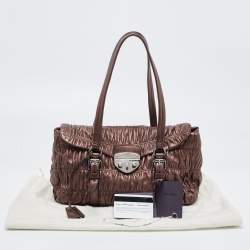 Pre Owned Prada Metallic Dark Brown Matelasse Leather Pushlock Flap Shoulder Bag