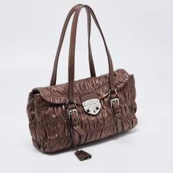 Pre Owned Prada Metallic Dark Brown Matelasse Leather Pushlock Flap Shoulder Bag