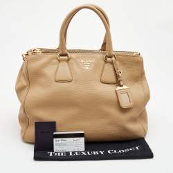 Pre Owned Prada Beige Vitello Daino Leather Large Double Zip Tote
