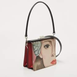 Prada Black/Red Saffiano Print Leather Face Art Top Handle Bag
